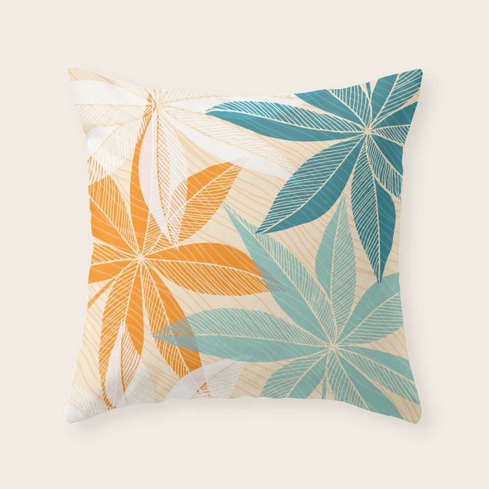 Orange and Teal Tropical Floral Print Throw Pillow Gallery Image 1