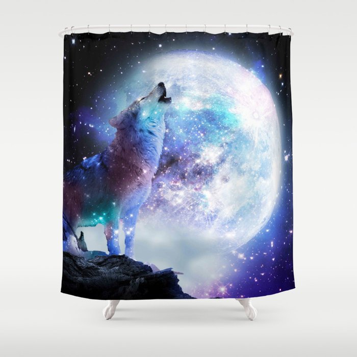 Cosmic Space Wolf Wolves Howling At Moon Shower Curtain Gallery Image 1