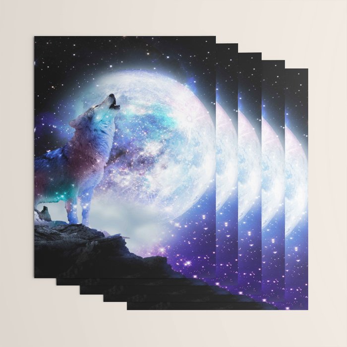 Cosmic Space Wolf Wolves Howling At Moon Wrapping Paper Gallery Image 3