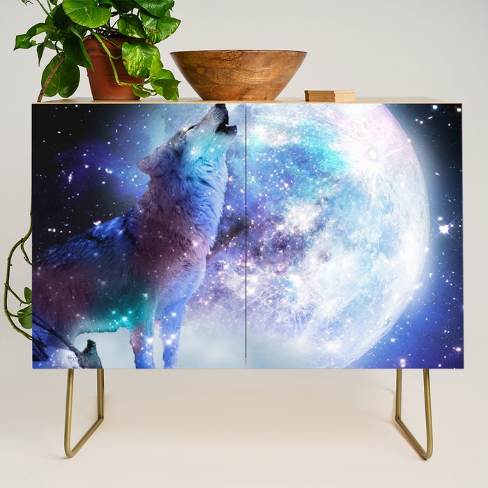 Cosmic Space Wolf Wolves Howling At Moon Credenza Gallery Image 1