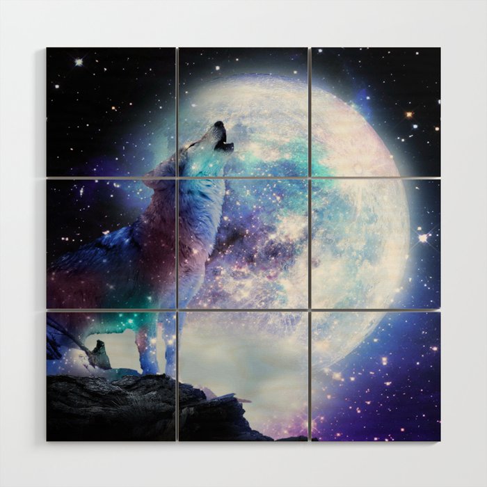 Cosmic Space Wolf Wolves Howling At Moon Wood Wall Art Gallery Image 1