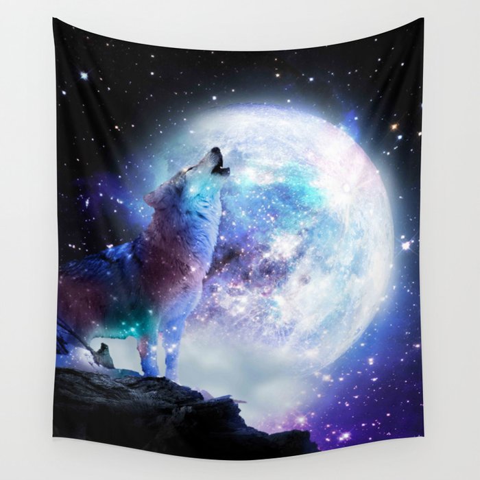 Cosmic Space Wolf Wolves Howling At Moon Wall Tapestry Gallery Image 4