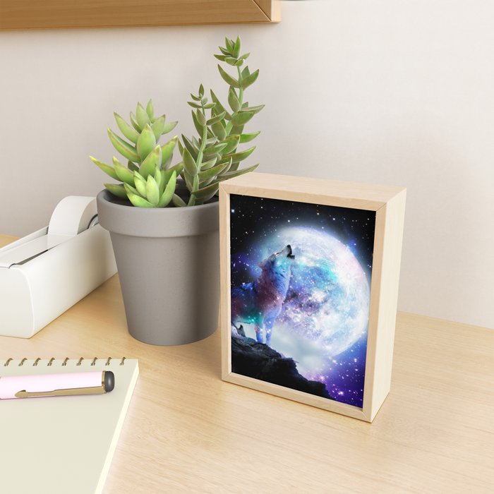 Cosmic Space Wolf Wolves Howling At Moon Mini Art Print Gallery Image 2