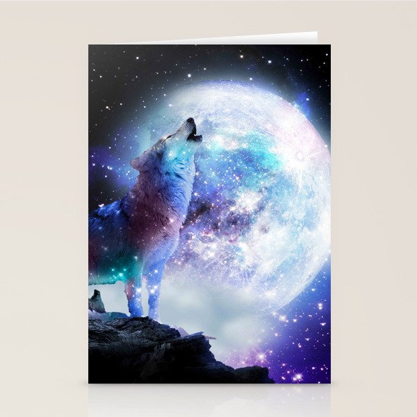 Cosmic Space Wolf Wolves Howling At Moon Stationery Card Gallery Image 2
