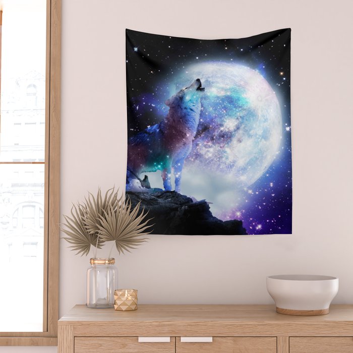Cosmic Space Wolf Wolves Howling At Moon Wall Tapestry Gallery Image 2