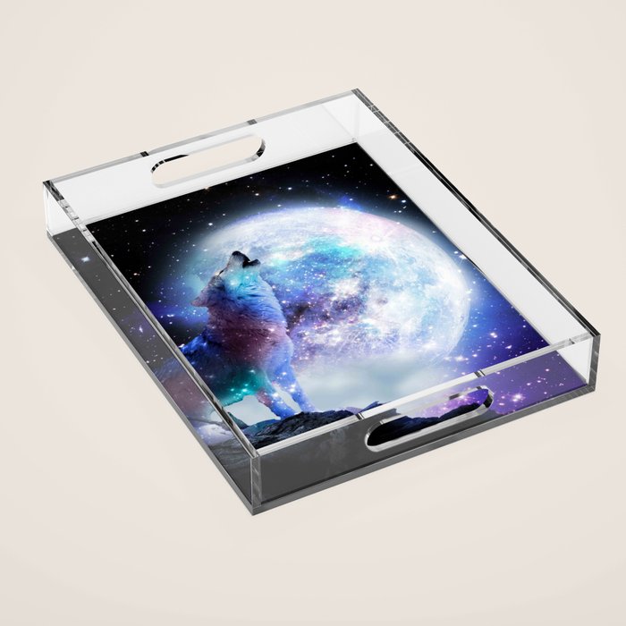 Cosmic Space Wolf Wolves Howling At Moon Acrylic Tray Gallery Image 1
