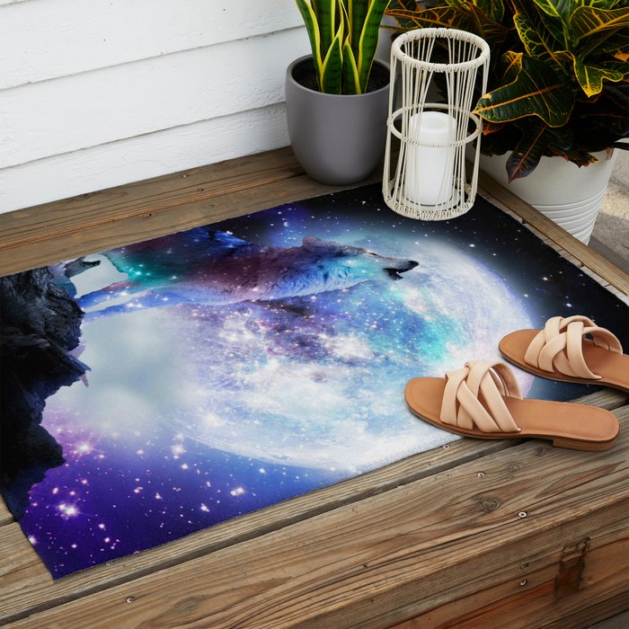 Cosmic Space Wolf Wolves Howling At Moon Outdoor Rug Gallery Image 2