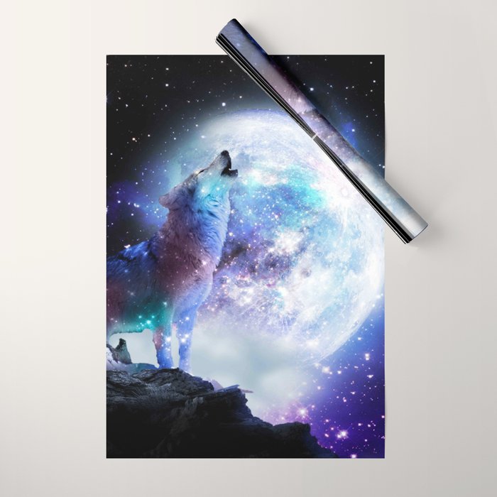 Cosmic Space Wolf Wolves Howling At Moon Wrapping Paper Gallery Image 1