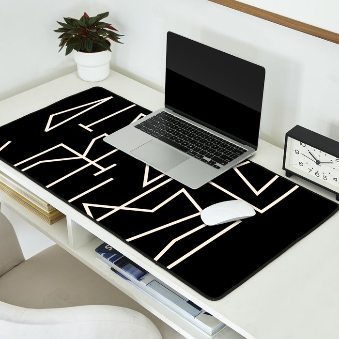 Peripatesis Modern Minimalist Abstract Line Art in Black and Almond Cream Desk Mat Gallery Image 2