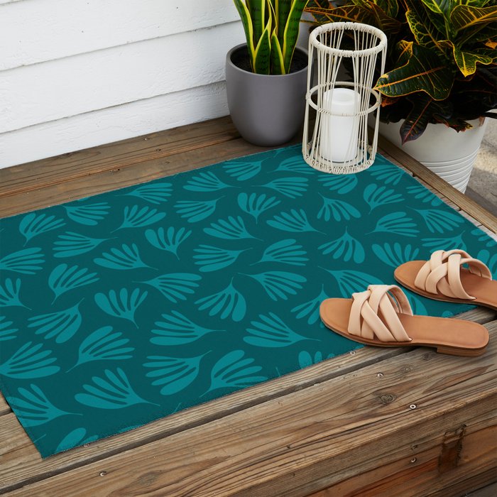 Teal Green Wispy Leaves Contemporary Abstract Botanical Pattern Outdoor Rug Gallery Image 2