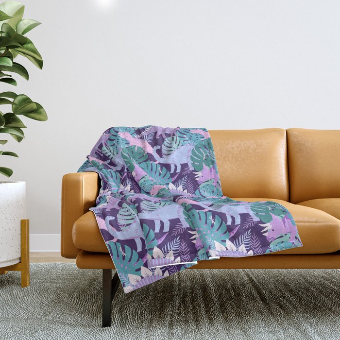 Jungle Dinosaur - Purple Throw Blanket Gallery Image 1