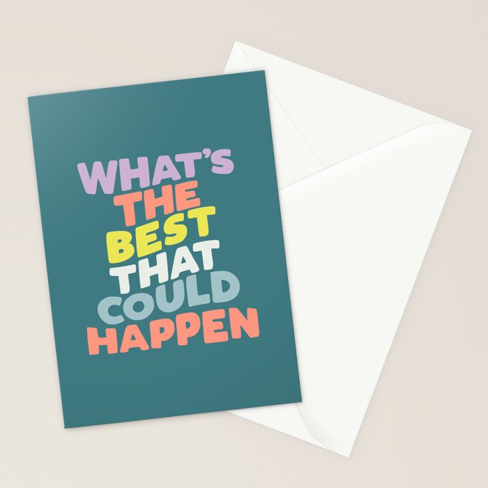 Whats The Best That Could Happen typography print in green, lilac, orange and yellow Stationery Card Gallery Image 2