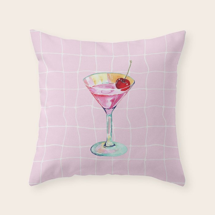 Pink Aesthetic Martini Glass with Cherry Throw Pillow Gallery Image 1