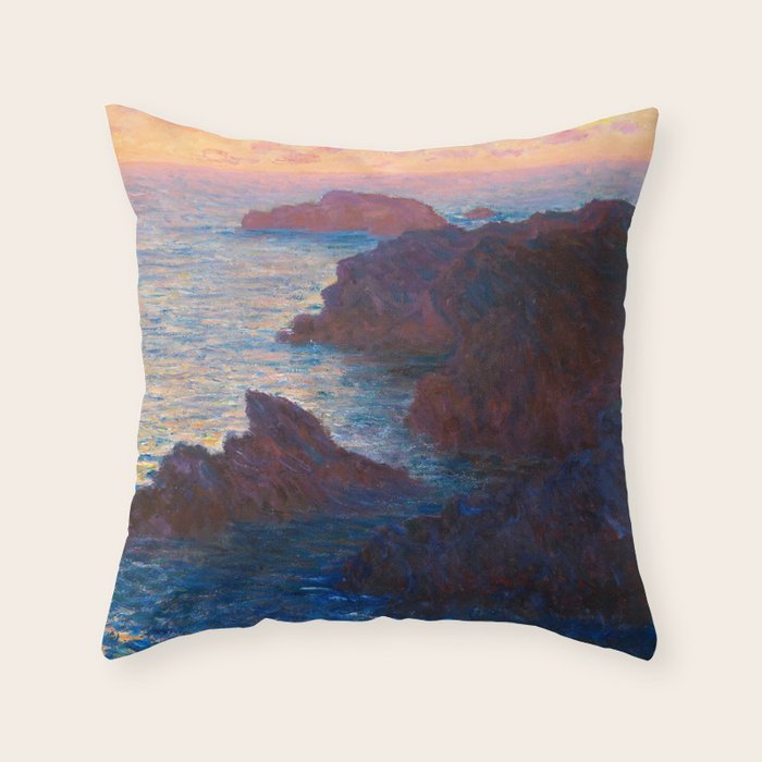 Claude Monet Impressionist Landscape Oil Painting Sunset At Sea Cliffs Ocean Cliff Landscape Throw Pillow Gallery Image 1