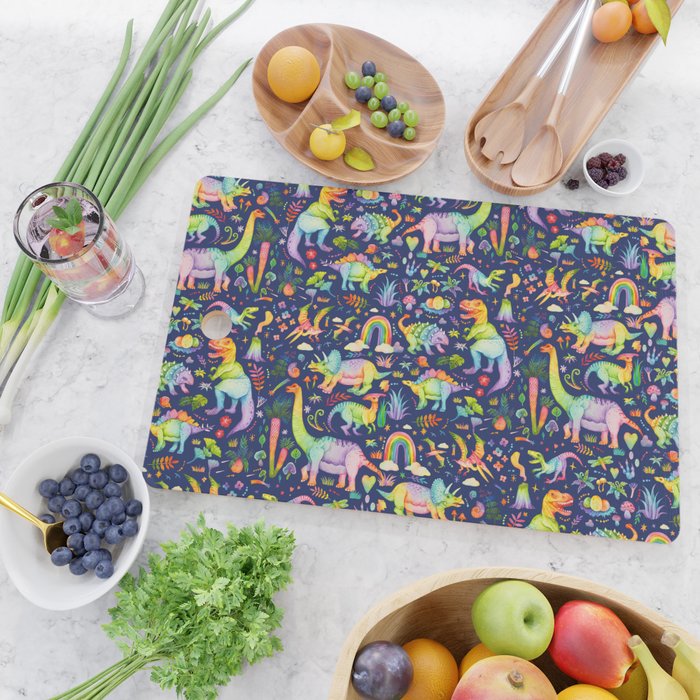 Rainbow color Cheerful Dinosaurus World - bluebg Cutting Board Gallery Image 2