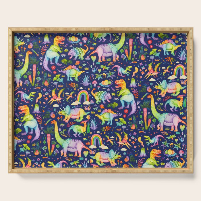 Rainbow color Cheerful Dinosaurus World - bluebg Serving Tray Gallery Image 1