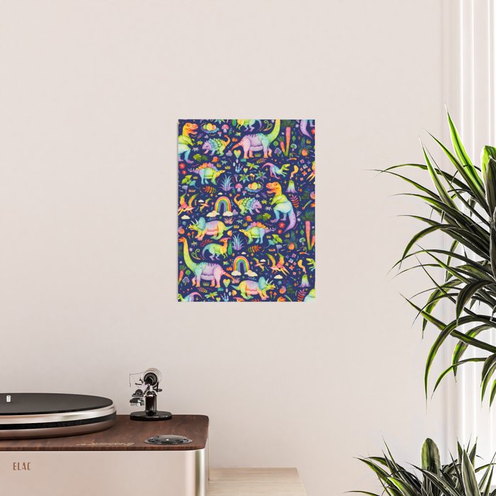 Rainbow color Cheerful Dinosaurus World - bluebg Poster Gallery Image 2
