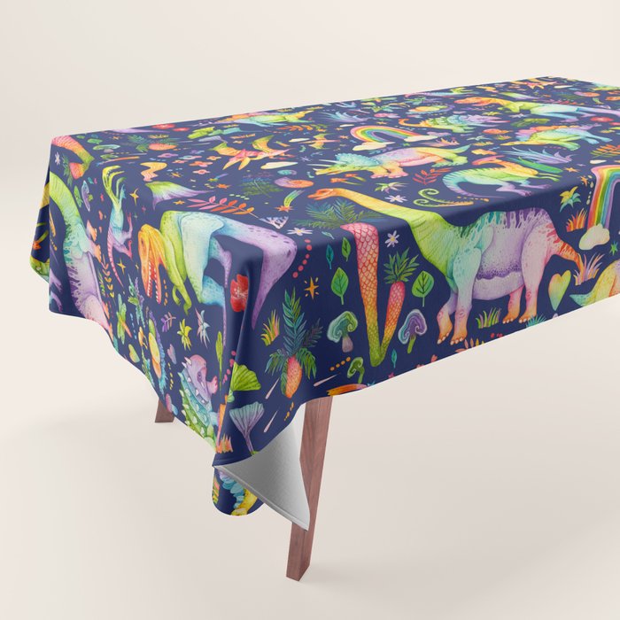 Rainbow color Cheerful Dinosaurus World - bluebg Tablecloth Gallery Image 1