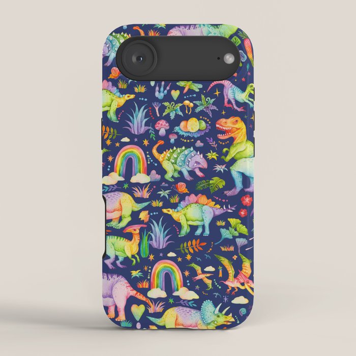 Rainbow color Cheerful Dinosaurus World - bluebg iPhone Case Gallery Image 2
