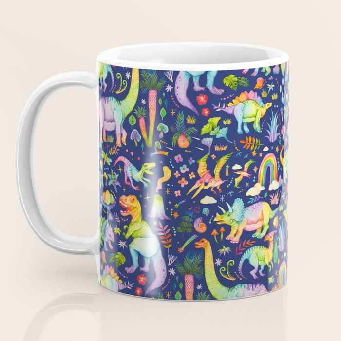 Rainbow color Cheerful Dinosaurus World - bluebg Coffee Mug Gallery Image 3