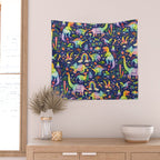 Rainbow color Cheerful Dinosaurus World - bluebg Wall Tapestry Gallery Image 2