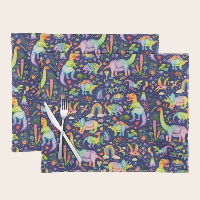 Rainbow color Cheerful Dinosaurus World - bluebg Placemat Gallery Image 1