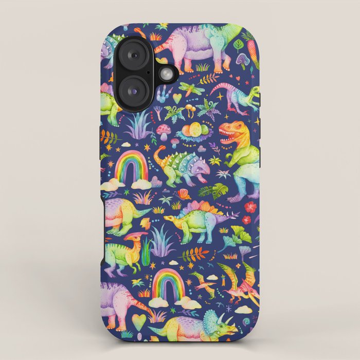 Rainbow color Cheerful Dinosaurus World - bluebg iPhone Case Gallery Image 1