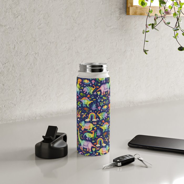 Rainbow color Cheerful Dinosaurus World - bluebg Water Bottle Gallery Image 4