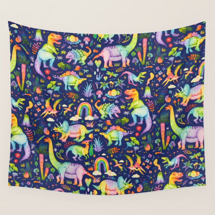 Rainbow color Cheerful Dinosaurus World - bluebg Wall Tapestry Gallery Image 1