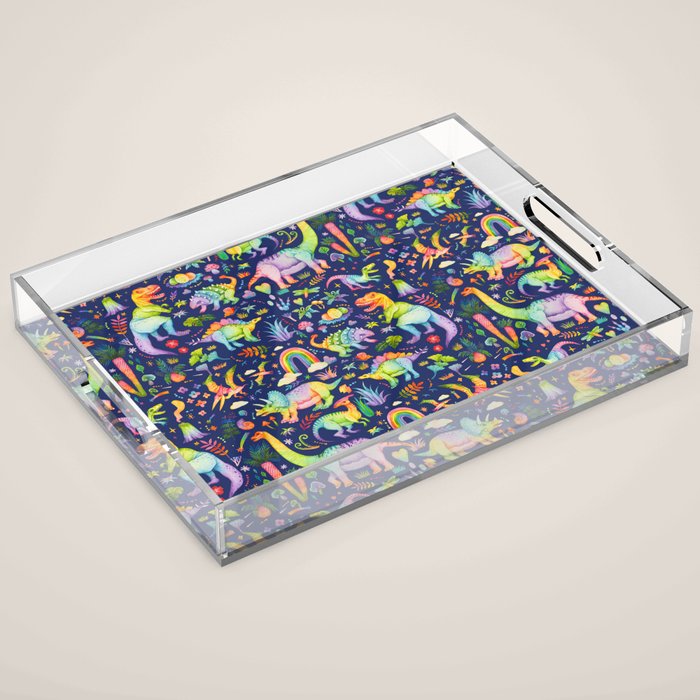 Rainbow color Cheerful Dinosaurus World - bluebg Acrylic Tray Gallery Image 1