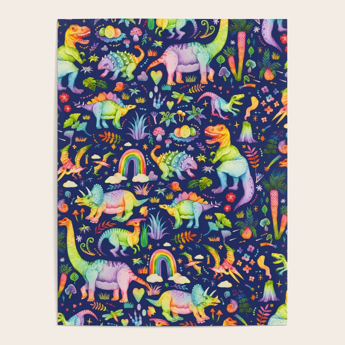 Rainbow color Cheerful Dinosaurus World - bluebg Poster Gallery Image 1