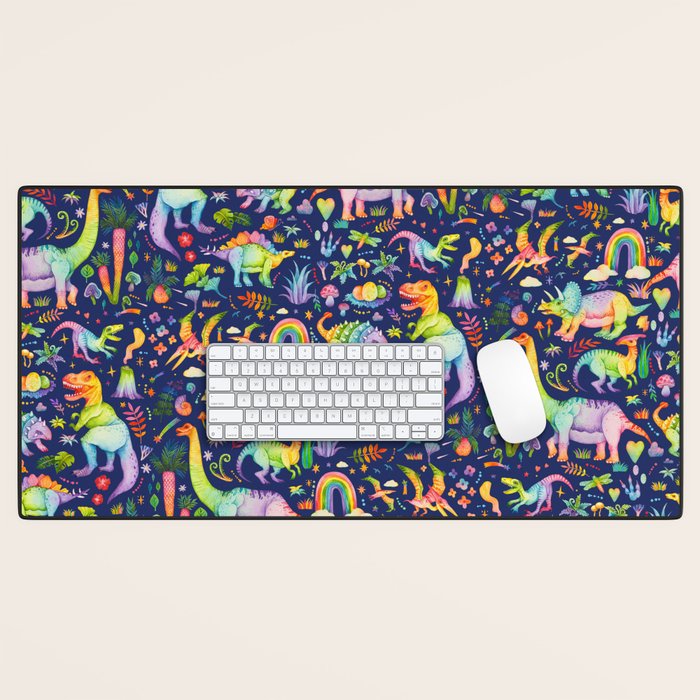 Rainbow color Cheerful Dinosaurus World - bluebg Desk Mat Gallery Image 1
