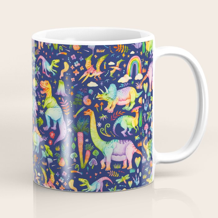 Rainbow color Cheerful Dinosaurus World - bluebg Coffee Mug Gallery Image 1