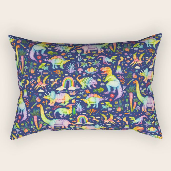 Rainbow color Cheerful Dinosaurus World - bluebg Rectangular Pillow Gallery Image 2