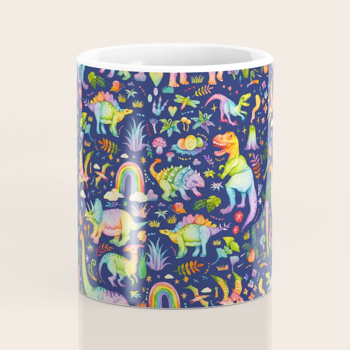 Rainbow color Cheerful Dinosaurus World - bluebg Coffee Mug Gallery Image 4