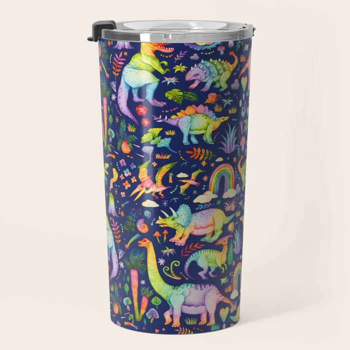 Rainbow color Cheerful Dinosaurus World - bluebg Travel Mug Gallery Image 3