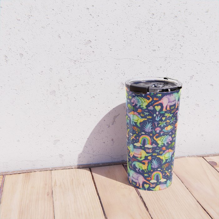 Rainbow color Cheerful Dinosaurus World - bluebg Travel Mug Gallery Image 4