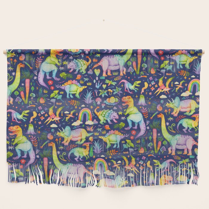 Rainbow color Cheerful Dinosaurus World - bluebg Wall Hanging Gallery Image 1