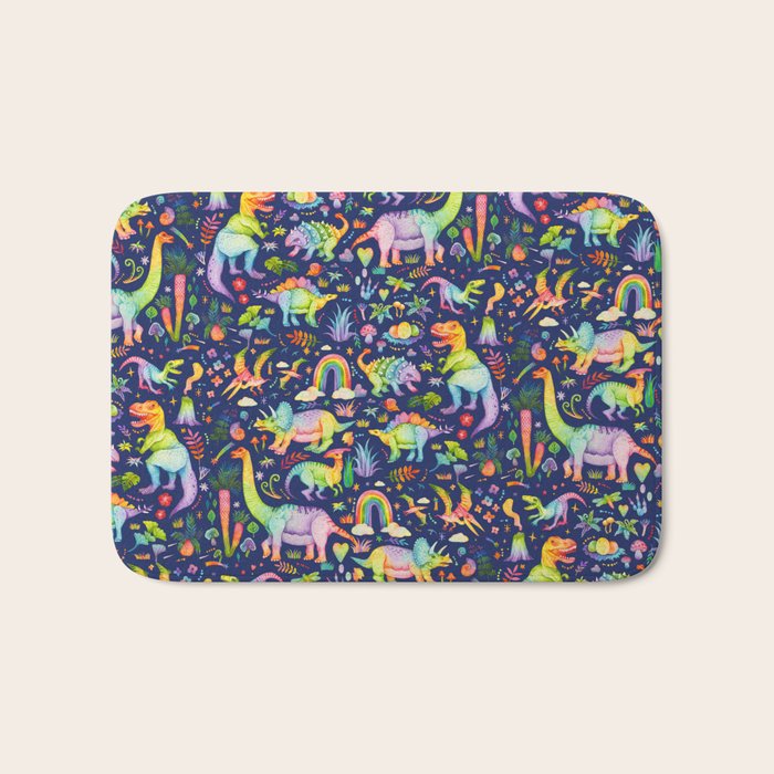 Rainbow color Cheerful Dinosaurus World - bluebg Bath Mat Gallery Image 1