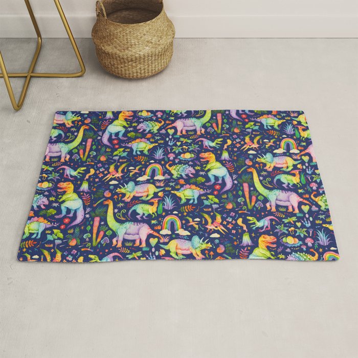Rainbow color Cheerful Dinosaurus World - bluebg Rug Gallery Image 1
