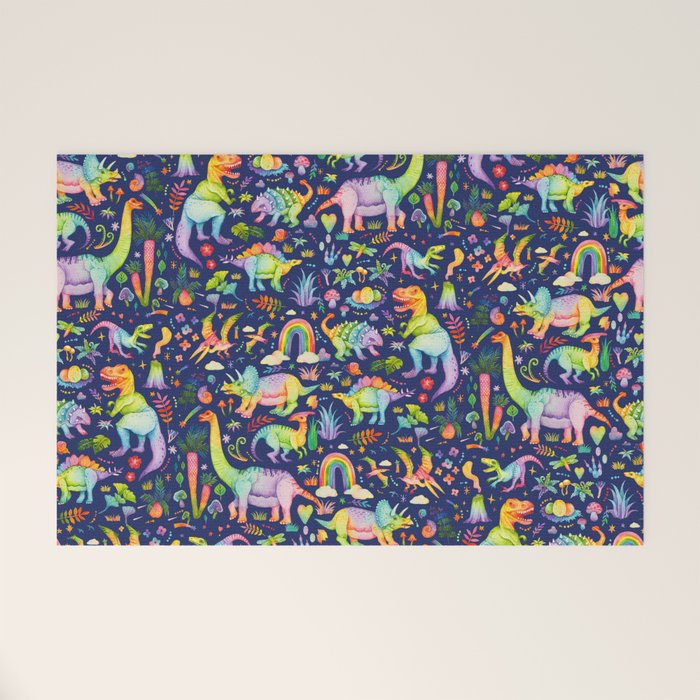 Rainbow color Cheerful Dinosaurus World - bluebg Welcome Mat Gallery Image 1
