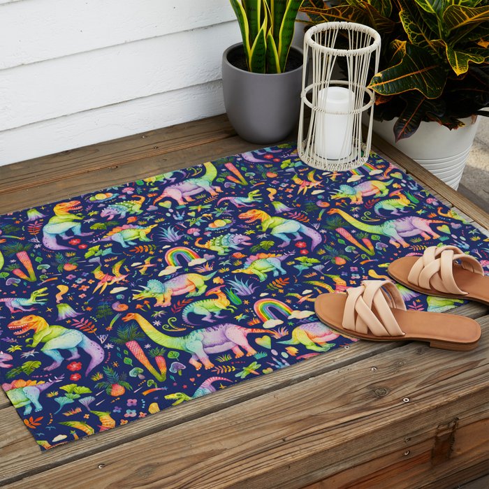 Rainbow color Cheerful Dinosaurus World - bluebg Outdoor Rug Gallery Image 2