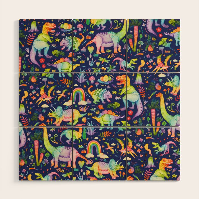 Rainbow color Cheerful Dinosaurus World - bluebg Wood Wall Art