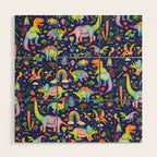 Rainbow color Cheerful Dinosaurus World - bluebg Wood Wall Art Gallery Image 1