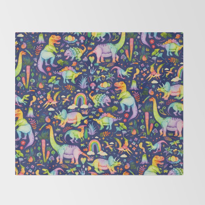Rainbow color Cheerful Dinosaurus World - bluebg Throw Blanket Gallery Image 2