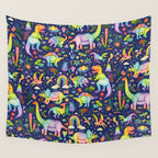Rainbow color Cheerful Dinosaurus World - bluebg Wall Tapestry Gallery Image 4