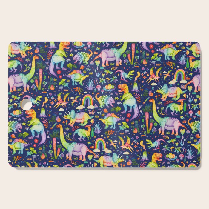 Rainbow color Cheerful Dinosaurus World - bluebg Cutting Board Gallery Image 1