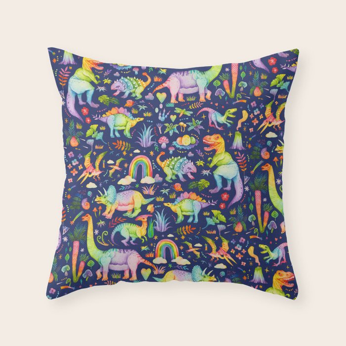 Rainbow color Cheerful Dinosaurus World - bluebg Throw Pillow Gallery Image 6