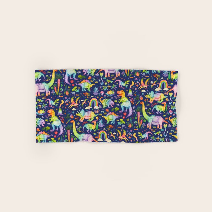 Rainbow color Cheerful Dinosaurus World - bluebg Bath Towel Gallery Image 1