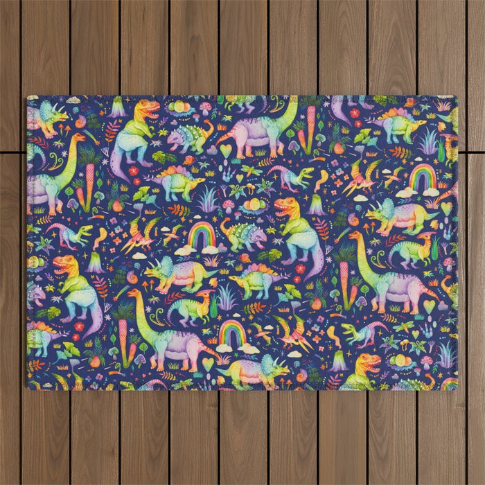 Rainbow color Cheerful Dinosaurus World - bluebg Outdoor Rug Gallery Image 1